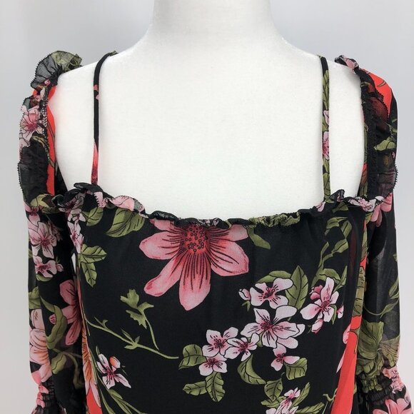 Guess Savina Floral Black coral chiffon off shoulder blouse SP - Picture 10 of 16
